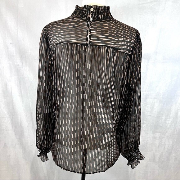 Long smocked mock neck black and mocha abstract print top size large - Picture 4 of 6